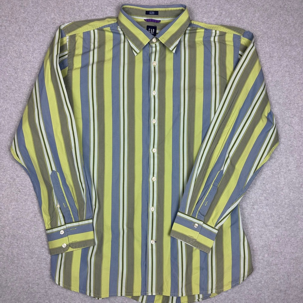 GAP Fitted Premium Mens Long Sleeve Striped Button Down Shirt Green Blue XL - Picture 2 of 9